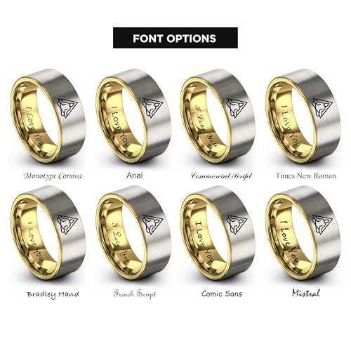 Gift for Yoga Fan - Yoga Meditation Ring - Flat Dome Bevel - Band - Men Women - Brushed Polished - Tungsten - Personalized Custom Engraving - 8mm - Anniversary Wedding - Yellow Rose Gold Silver - color: 14 - Yellow Gold Grey Tungsten