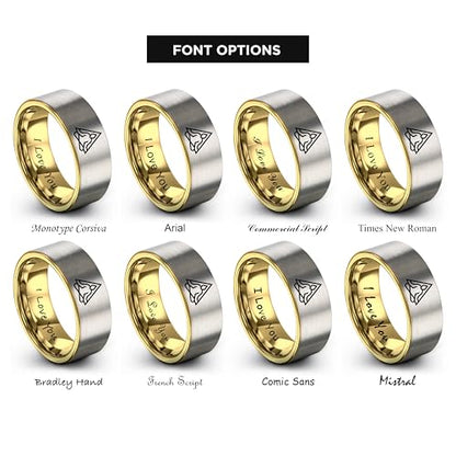 Gift for Yoga Fan - Yoga Meditation Ring - Flat Dome Bevel - Band - Men Women - Brushed Polished - Tungsten - Personalized Custom Engraving - 8mm - Anniversary Wedding - Yellow Rose Gold Silver - color: 14 - Yellow Gold Grey Tungsten
