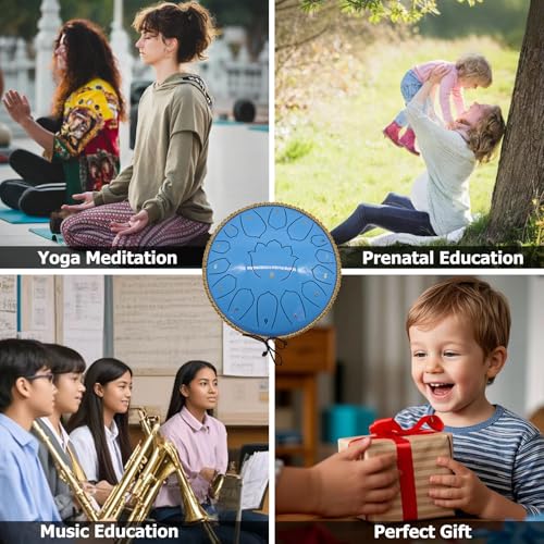 BETESINE 13-Inch 15-Note Steel Tongue Drum in C Major, Beginner-Friendly Meditation Drum with Mallets, Music Book, Finger Picks, Carry Bag & Note Stickers, Ocean Blue - color: Ocean Blue