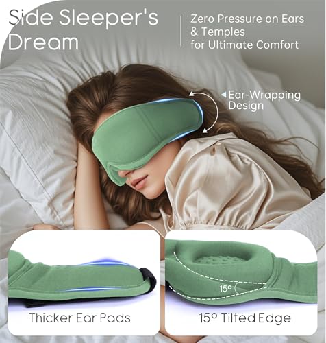 Sleep Mask with Headphones Bluetooth 5.4, TOPOINT 3D Eye Mask Blackout with Soft Bamboo Cotton for Side Sleepers Women Men, Sleep Headphones Earphones HD Speaker Microphone for Travel Meditation Gift - color: Sage