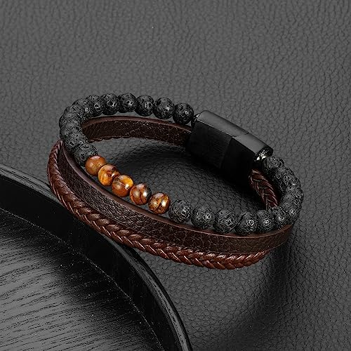 Leather Bead Bracelets for Men, Natural Tiger Eye Lava Rock Stone Bead Magnetic Clasp Adjustable Leather Bracelets Stress Relief Mens Anxiety Bracelet Mens Jewelry Gifts - style: Brown Leather-Lava Rock&Tiger Eye