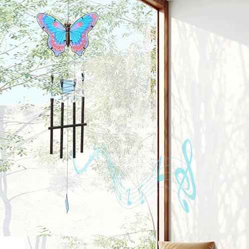 Butterfly Wind Chimes for Outside, Stained Glass Wind Chime Windchimes for Patio, Outdoor,Garden,Yard,Coastal,Window,Home Decor or Gifts for Women(Blue & Red)