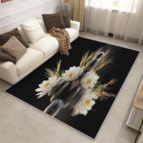 3x5 Washable Nature Meditation Area Rugs for Living Room, White Lotus Rug for Bedroom, Black Zen Stone Home Decor, Non Slip Low Pile Soft Thin Indoor Carpet D&T34 - color: Black White, size: 3' x 5' (Rectangular)