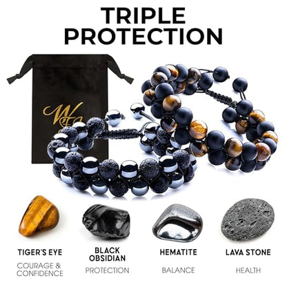 WFJ Black Obsidian Hematite Triple Protection Bracelets Set - Tiger Eye Beaded Natural Stone Bracelet for Men Women Gemstone (10MM) - color: 2PCS Double Set