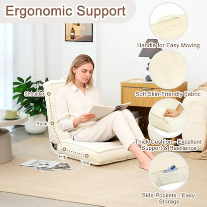 Adjustable Floor Chair with Back Support, 6-Position, Folding Japanese Meditation Tatami Chair, Comfy Gaming Chairs for Adults, Accent Sofa Reading Chairs, Living Room, Bedroom, Beige - color: Beige