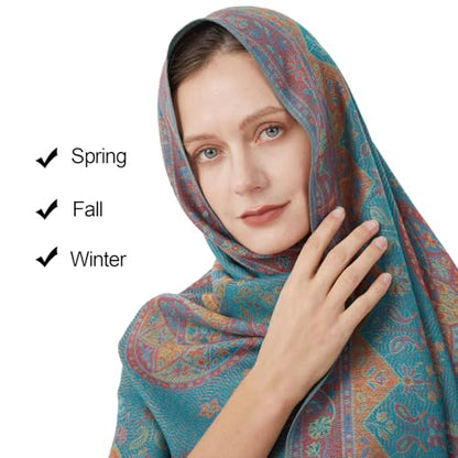 Paisley Pashmina Rave Shawl Scarf-Women's Reversible Ethnic Jacquard Pashmina Wraps for Travel - color: D#. Turquoise