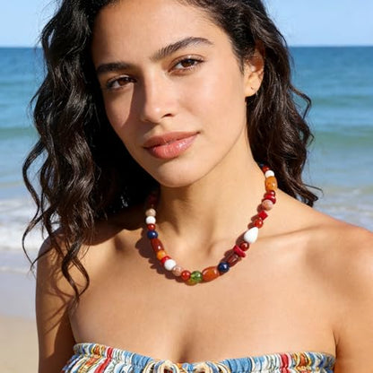 Boho Colorful Chunky Statement Beaded Necklaces for Women,Handmade Women's Fashion Gemstone Bead Choker Necklace,Western Natural Stone Strand Necklace Bib Collar Jewelry Unique Gifts for Women