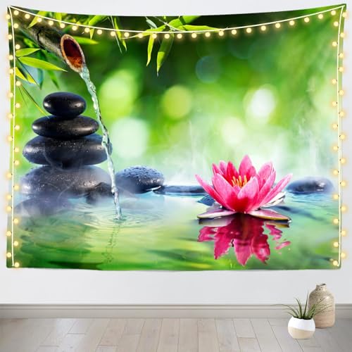 Loccor Zen Garden Tapestry 60''x40'' Green Bamboo Zen Stones Spa Water Lotus Flower Wall Hanging Tapestry Relaxation Bamboos Candles for Home Bedroom Living Room Dorm Decor