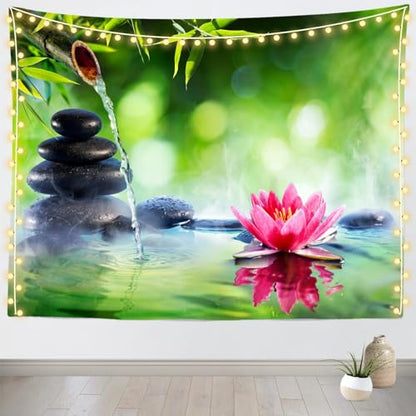 Loccor Zen Garden Tapestry 60''x40'' Green Bamboo Zen Stones Spa Water Lotus Flower Wall Hanging Tapestry Relaxation Bamboos Candles for Home Bedroom Living Room Dorm Decor