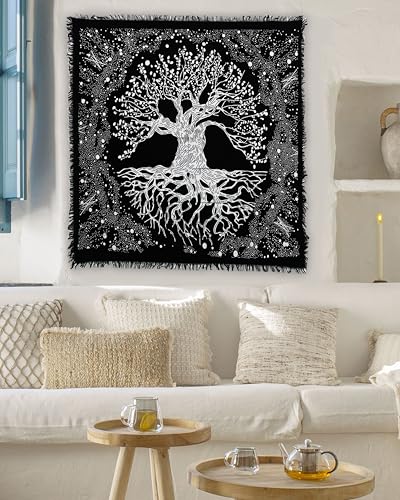 Indian Consigners Tree of Life Altar Cloth Tapestry Tablecloth Celtic Trees Ritual Spiritual Cloth for Sacred Places, Cotton Square Tarot Table Cover 24 by 24 Sacred - color: Silver Trunk Tree, size: 24" x 24" (Square)