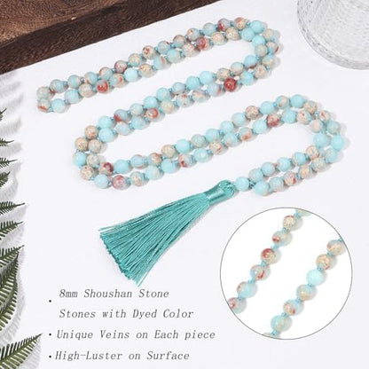 8MM Beads Chakra Long Mala Necklace Natural Stone Meditation Statement Necklace Japa Yoga Buddhist Rosary Prayer Charm Beaded Tassel Necklace - color: Shoushan Stone