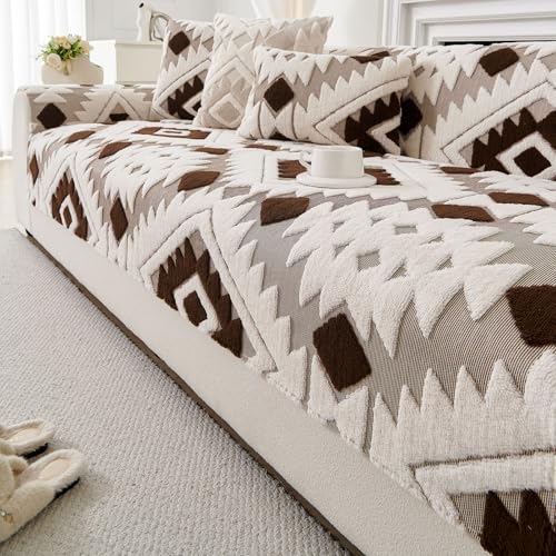Boho Plush Couch Covers for Sofa Washable, Fuzzy Soft Couch Cover for Sectional Sofa, Non Slip Jacquard Sofa Cover Furniture Protector for Kids, Pets (Dark Coffee,28"x28") - color: Dark Coffee, size: 28"x28"/Armrest or Backrest Cover
