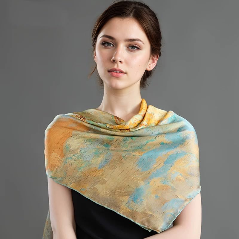 100% Silk Scarf 43" Large Square Lightweight Headscarf& Shawl–Women Hair Wraps-With Gift Packed - color: Oil Painting-blue&gold