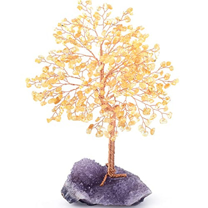 Gemstone Crystal Tree of Life,Natural Citrine(406 Stones Count) with Amethyst Cluster Base,Chakra Healing Crystals Positive Energy Fengshui Bonsai Money Tree Gift 8.5"-9"