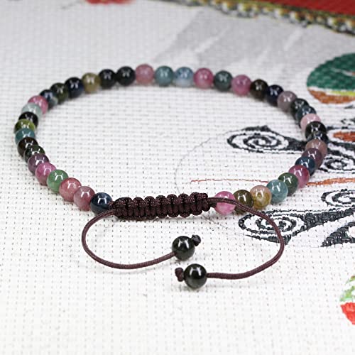 Keleny Natural Gemtones 4mm Round Beads Crystal Adjustable Braided Macrame Tassels Bracelets Unisex - color: Multicolor Tourmaline