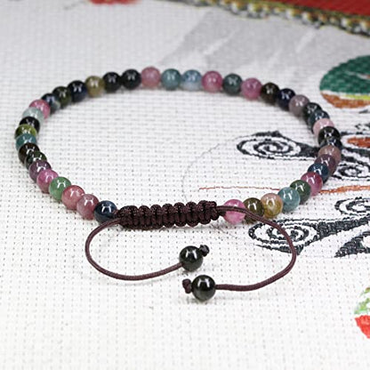 Keleny Natural Gemtones 4mm Round Beads Crystal Adjustable Braided Macrame Tassels Bracelets Unisex - color: Multicolor Tourmaline
