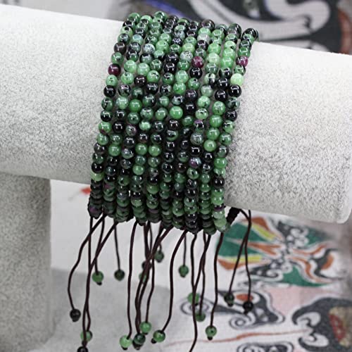 Keleny Natural Gemtones 4mm Round Beads Crystal Adjustable Braided Macrame Tassels Bracelets Unisex - color: Green Ruby in Zoisite