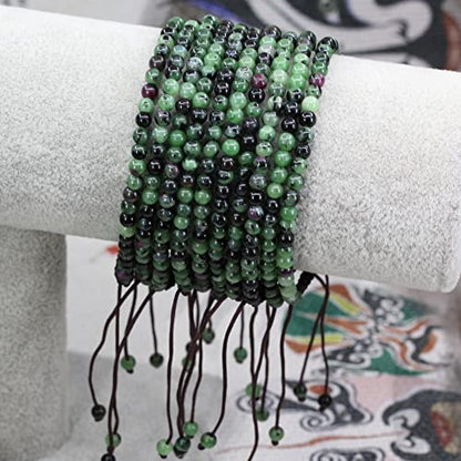 Keleny Natural Gemtones 4mm Round Beads Crystal Adjustable Braided Macrame Tassels Bracelets Unisex - color: Green Ruby in Zoisite