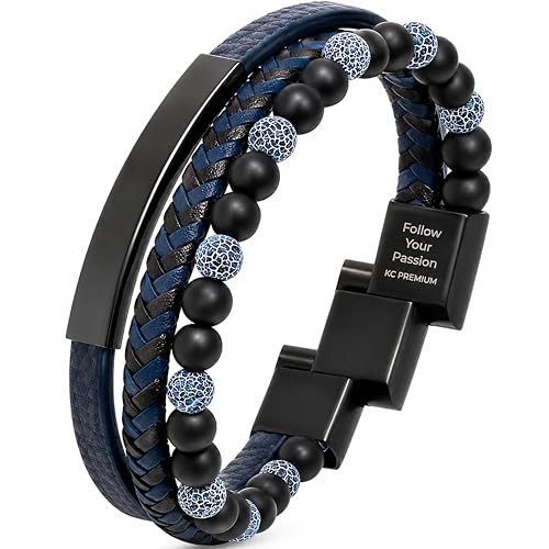 Premium Men’s Bracelet | Leather Bracelet for Men | Beaded Bracelets Black Onyx & Tiger-Eye Beads | Brown Leather Jewelry with Adjustable Stainless-Steel Clasp | Gift Dad Husband Son Boyfriend - color: Blue/Black