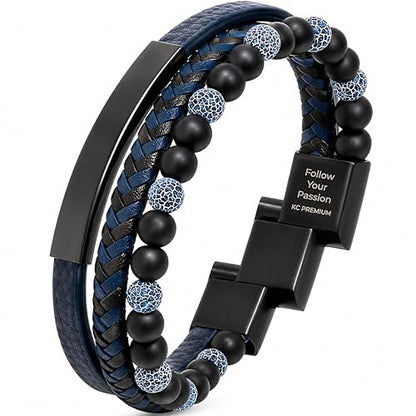 Premium Men’s Bracelet | Leather Bracelet for Men | Beaded Bracelets Black Onyx & Tiger-Eye Beads | Brown Leather Jewelry with Adjustable Stainless-Steel Clasp | Gift Dad Husband Son Boyfriend - color: Blue/Black