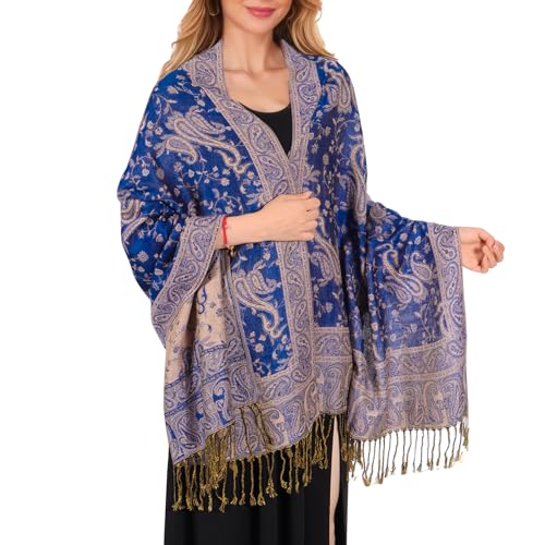 MUQU Women Pashmina Shawls and Wraps Scarf Soft Silky Reversible Paisley Scarves Shawl for Women - color: Dark Blue