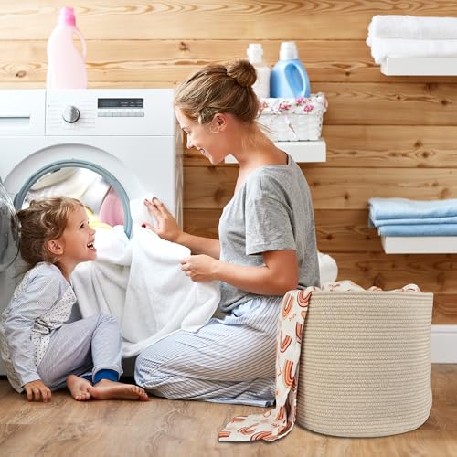 XUANGUO Cotton Rope Basket For Girls Boys Kids 16”X14” Baby Laundry Basket Nursery Bin Round Woven Baskets Organizer For Storage Toys Blankets Shoes Clothes oatmeal