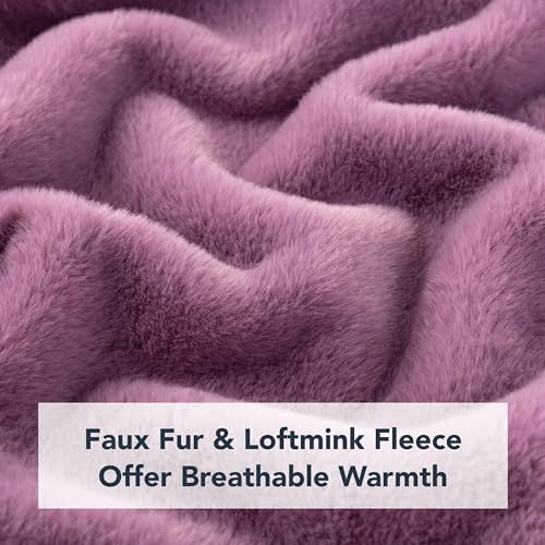 Berkshire Faux Fur Wearable Blanket, Cozy Reversible Loftmink Fleece Shawl with Hood & Side Pockets - color: Plum Smoke