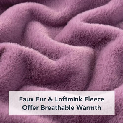 Berkshire Faux Fur Wearable Blanket, Cozy Reversible Loftmink Fleece Shawl with Hood & Side Pockets - color: Plum Smoke