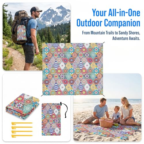 Portable Beach Blanket 6.5'x6.5' - Sand-Free & Lightweight (1lbs) Nylon | Kaleidoscope Pattern Design for Families | Quick-Dry Skin-Friendly Picnic Mat for Beach/Camping - color: Kaleido