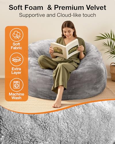 YEFU Bean Bag Chair for Adults: 4-in-1 Convertible Giant Bean Bag Bed, Overstuffed Memory Foam Floor Couch with Two Machine Washable Covers, Large Chair Bed for Living Room Bedroom, Full Grey - size: Full
