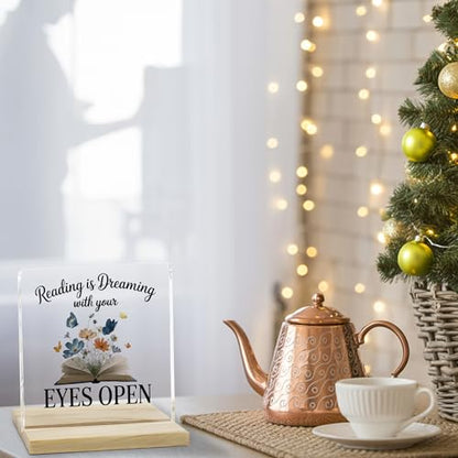 Book Lover Gifts Desk Decor Sign, Reading Is Dreaming With Your Eyes Open Acrylic Plaque - color: Reading
