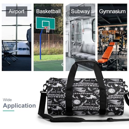 Skull Moon Sun Gothic Witch Board Seamless Black Cylindrical Portable Fitness Bag, Large Capacity Handbag - color: skull moon sun Gothic Witch Board Seamless bl