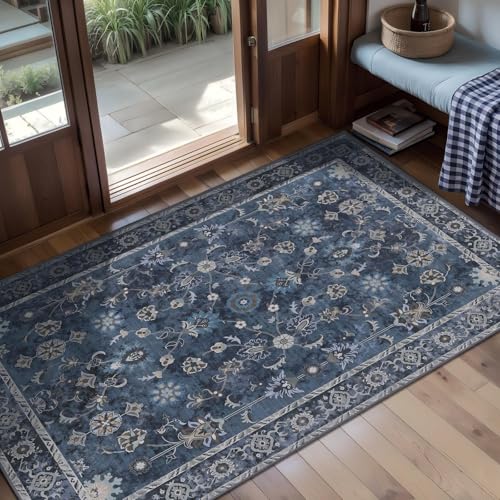 Tangsoo 2x4 Washable Rug for Entryway, Vintage Floral Entry Rug Non Slip, Indoor Front Door Small Rugs, Distressed Blue Print Door Mat Carpet, Soft Low Pile for Entrance Kitchen Bedroom Bathroom - color: Distressed Blue Black, size: 2' X 4' (Rectangular)