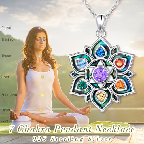 FLYOW 7 Chakra Necklace 925 Sterling Silver Lotus Flower Rainbow Stones Yoga Energy Balance Pendant Spiritual Healing Jewelry Birthday Gifts for Anxiety Stress Relief Balancing Meditation