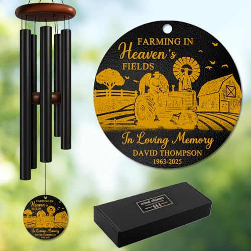 Personalized Farming Memorial Wind Chime – “Farming in Heaven’s Fields” Custom Name & Years – Tractor with Angel Wings Engraved Sympathy Gift for Farmers – Remembrance Windchime for Loss of Loved One