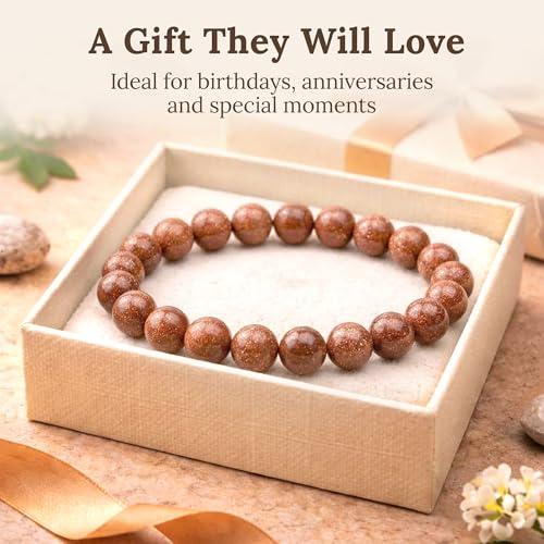 Elm City Direct 8mm Natural Stone Beaded Bracelet – Unisex Crystal Stretch Bracelets for Men & Women, Chakra & Healing Jewelry, Gift-Ready Beaded Bracelets - color: Gold Stone