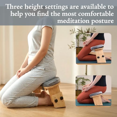 Adjustable Height Meditation Bench with Velvet Cushion, Bamboo Folding Prayer Kneeling Stool Yoga Meditation Chair, Zen Prayer Bench