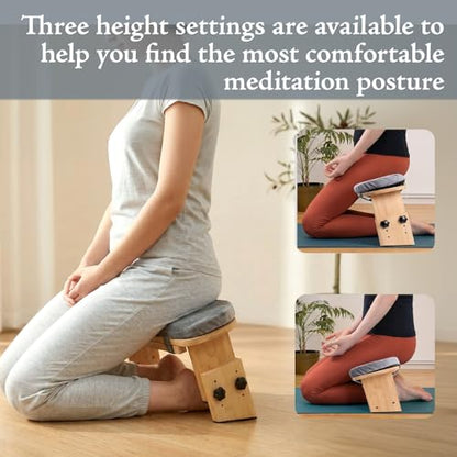 Adjustable Height Meditation Bench with Velvet Cushion, Bamboo Folding Prayer Kneeling Stool Yoga Meditation Chair, Zen Prayer Bench