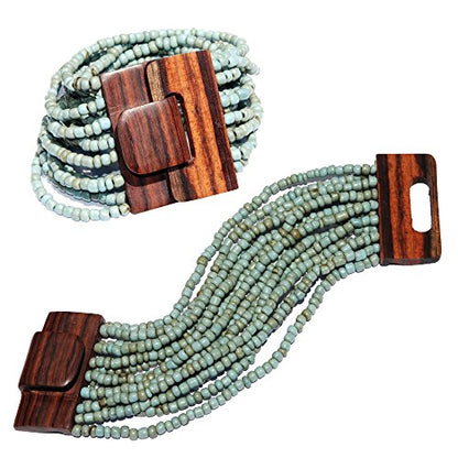 Rustic TURQUOISE Color Ethnic Beaded Bali Bracelet with Dense Hardwood Buckle Clasp 14 Elastic Strands 2mm Glass Beads in GIFT BOX