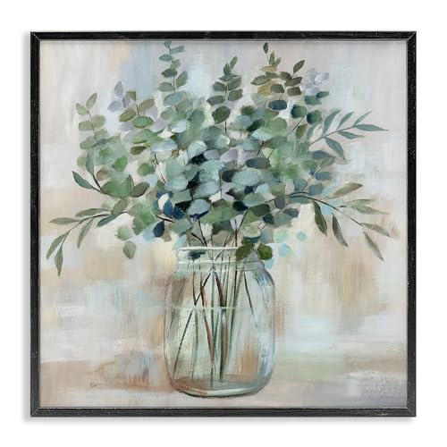 Stupell Industries Soothing Eucalyptus Flower Herb Arrangement Rustic Jar Framed Wall Art, Design by Nan - color: Midnight Black (Textured), size: 17"L x 17"W, style: Framed Giclée (1.5"D)