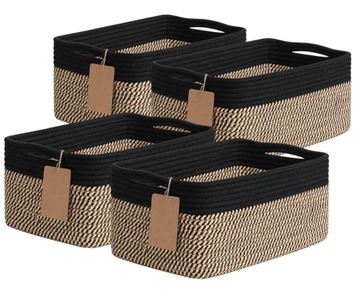 Goodpick 4 Pack Storage Baskets for Shelves, Rectangle Wicker Storage Bins for Baby Toys, Decorative Organizer Shelf Baskets for Gifts Empty, 13''L x 8''W x 6''H, Black & Jute - color: Black & Jute