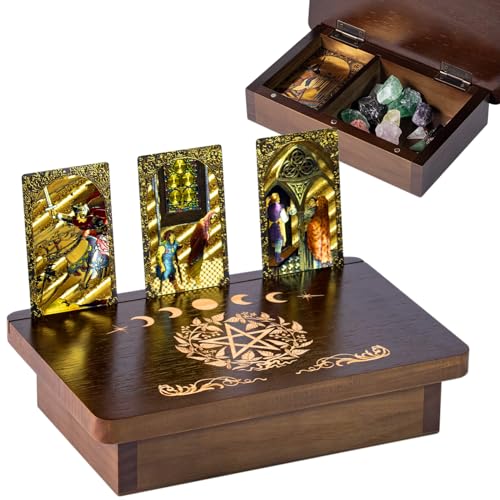 Wood Altar Table,Meditation Table with Storage Space and Tarot Card Holder,Tabletop Carved Sun and Moon Pattern Witchcraft Home Decor for Witchcraft Supplies, Divination, Prayer (A)