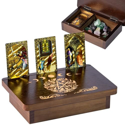 Wood Altar Table,Meditation Table with Storage Space and Tarot Card Holder,Tabletop Carved Sun and Moon Pattern Witchcraft Home Decor for Witchcraft Supplies, Divination, Prayer (A)