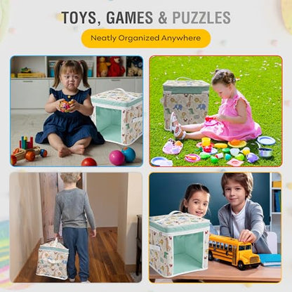 12" Soft Side Zipper Toy Storage Bag, Quilt Pattern Cloth Cube, Reusable, Clear Bag, Playroom, Bedroom & Puzzles Board Game Organizers And Storage Bin, Zoo & Animals Design - color: Zoo