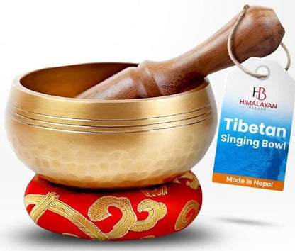 Premium Tibetan Singing Bowl Set - Authentic Handcrafted Mindfulness Meditation Holistic Sound 7 Chakra Healing Gift by Himalayan Bazaar (3 Inch, Gold)