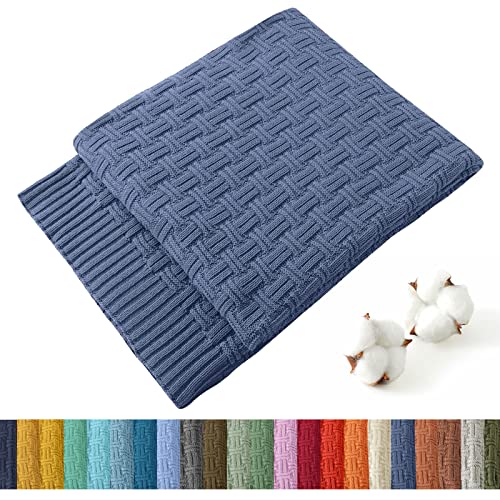 TREELY 100% Cotton Knitted Throw Blanket Couch Cover Blanket(50 x 60 Inches, Dusty Blue) - color: Dusty Blue, size: Throw (50 in x 60 in)