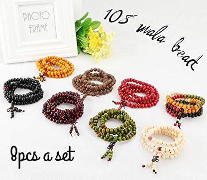 LOYALLOOK 8Pcs 108 Mala Bead Bracelets 8MM Tibetan Buddha Wood Beaded Sandalwood Link Wrist Necklace Chain Bracelets Multilayer Buddhist Prayer Strand Bracelet Meditation Necklace Elastic Chinese Knot