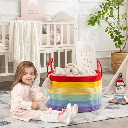 KAKAMAY Large Blanket Basket (20"x13"),Woven Baskets for storage Baby Laundry Hamper, Cotton Rope Blanket Basket for Living Room, Laundry, Nursery, Pillows, Baby Toy chest (Rainbow) - color: Rainbow