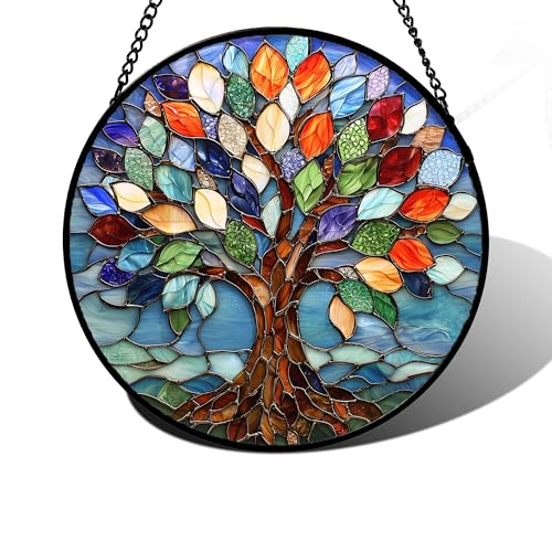 DASTOLL Stained Glass Window Hanging, Colorful Tree of Life Sun Catchers Glass Panel Blue Suncatcher Decor for Birthday for Women, Men, Wife, Aunt, and Mom 6.3 in - color: Colorful, size: 6.3x6.3 IN