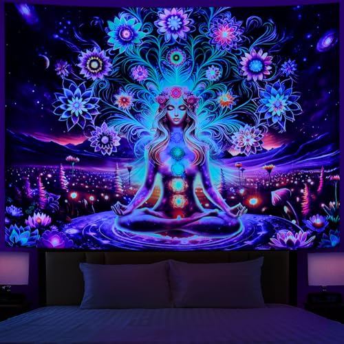 Dermijer Blacklight Seven Chakra Yoga Meditation Tapestry Flower Chakra Tapestries Galaxy Space Planet Tapestry UV Reactive Lotus Tapestries Wall Hanging for Home Decor 78.7L x 59.1W - color: Blue, size: 78.7"L x 59.1"W